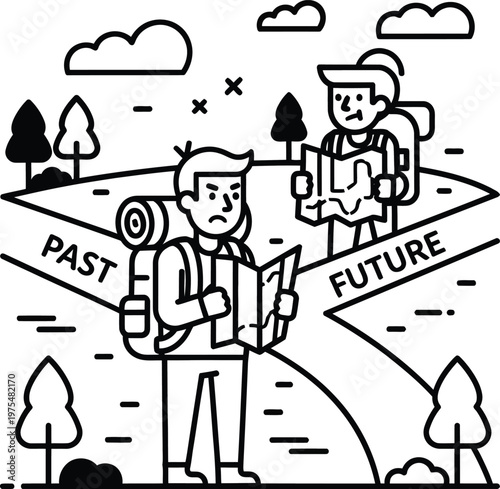Man at crossroads choosing between past and future with map, hiking trip concept