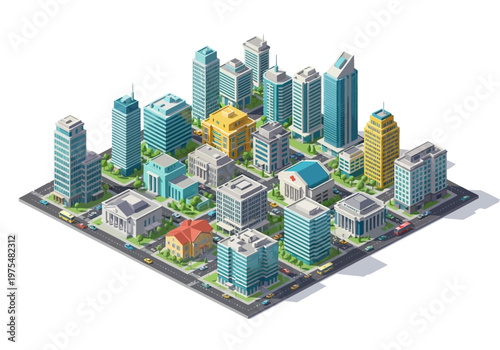 Isometric Cityscape Illustration - A Detailed 3D View of a Bustling Urban Metropolis with Modern Architecture and Streets