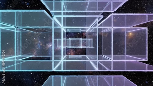 Floating transparent panels with glowing edges representing futuristic interfaces, virtual screens, and advanced technology systems.