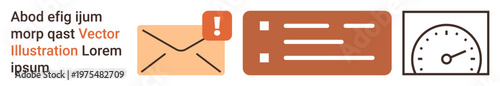 Email notifications, user interfaces, data management, speed monitoring, dashboard settings, digital alerts. Envelope with alert badge, dashboard panel speed gauge. Email notifications and user