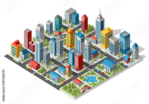 Isometric cityscape illustration featuring modern urban buildings, streets, and parks