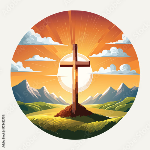 Religious cross against sunset with mountains and clouds illustration