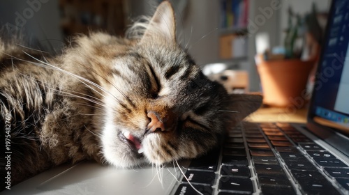 Relaxed tabby cat sleeping on laptop keyboard in cozy home setting