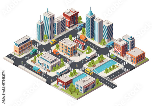 Isometric Cityscape With Buildings, Roads, And Vehicles, A Vibrant Urban Environment