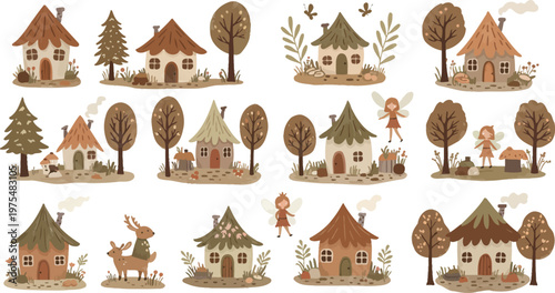 Whimsical miniature houses and trees in a fantasy village landscape with various dwellings and foliage elements on white background