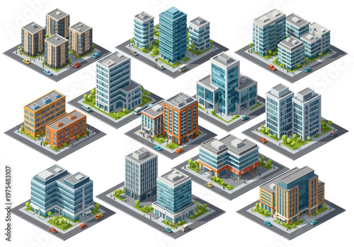 Set of isometric 3D buildings and city structures for urban planning and architectural visualization