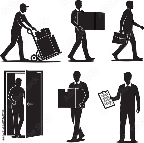 Delivery service silhouette vector set, courier carrying cardboard boxes and packages, logistics worker with hand truck and clipboard icons