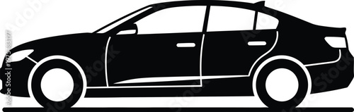 Black silhouette of a modern sedan car on a white background.
