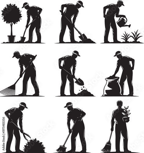 Gardener silhouette collection with 9 icons, professional landscaping workers set, men gardening with tools and plants, black vector illustrations
