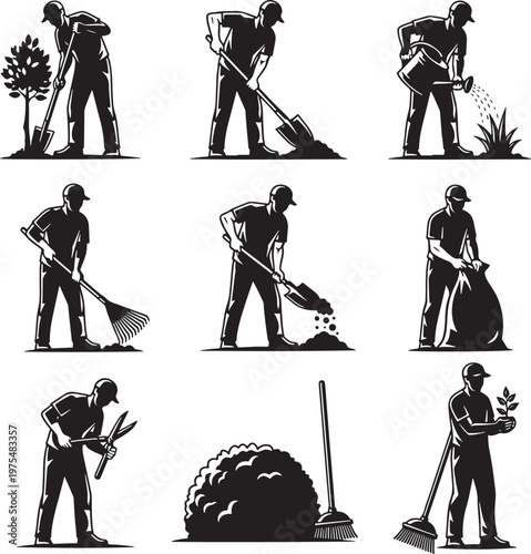 Gardening worker silhouette set, professional landscaper icons for yard maintenance, 9 vector elements of gardeners planting and cleaning