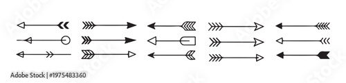 group of simple and stylized arrow icons with various heads and shafts for directional use on white background