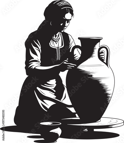 Vintage pottery artisan vector illustration, woman potter crafting ceramic vase on wheel, traditional clay workshop woodcut style art