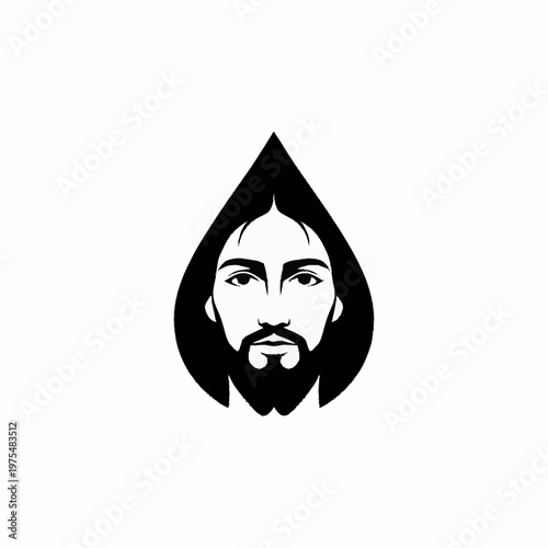 Jesus Christ face in a water drop shape, minimalist black and white vector illustration.