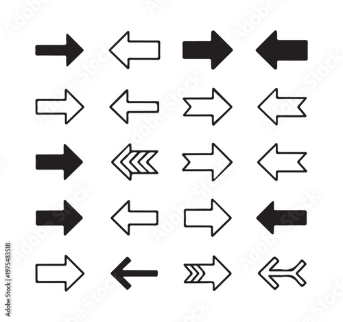 Comprehensive arrow icon set black and white flat designs for digital interface and navigation