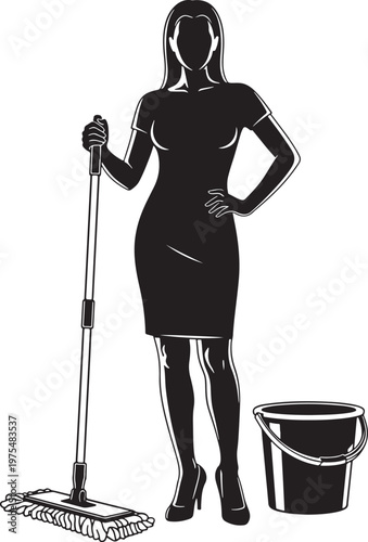 Professional cleaning lady silhouette with mop and bucket, female janitor service icon, housekeeping woman vector illustration on white background