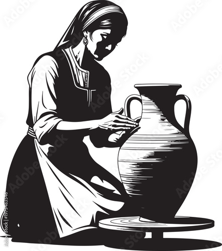 Vintage pottery artisan vector, woman potter shaping clay vase on wheel, traditional ceramic craft illustration, black and white woodcut style art