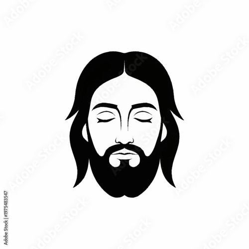 Jesus Christ face with closed eyes, black and white vector illustration.