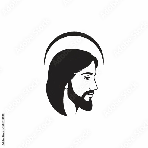 Jesus Christ profile with halo, black and white illustration.