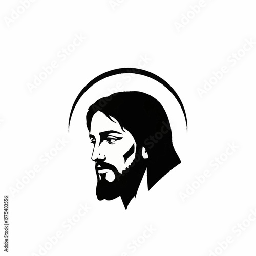 Jesus Christ profile with halo, black and white illustration.