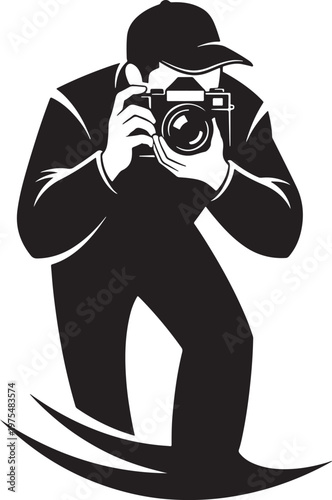 Professional photographer mascot vector, black and white cameraman silhouette, paparazzi journalist with digital camera, photography logo icon