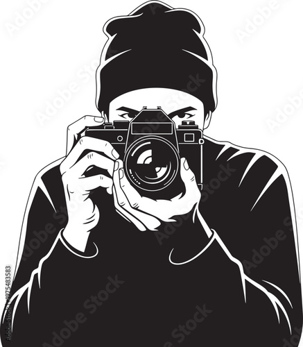 Professional photographer vector illustration, man in beanie holding vintage slr camera, black and white minimalist paparazzi character graphic