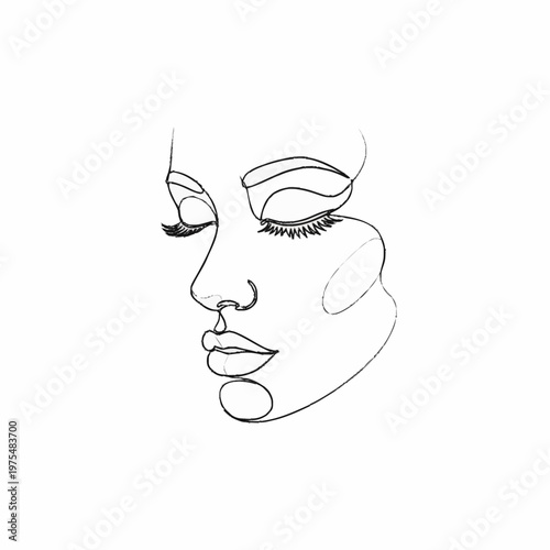 Minimalist one line drawing of a serene female face.