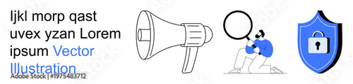Cybersecurity, data protection, online privacy, communication, research, information security. Illustration features a megaphone, a person with a magnifying glass, and a shield with a lock