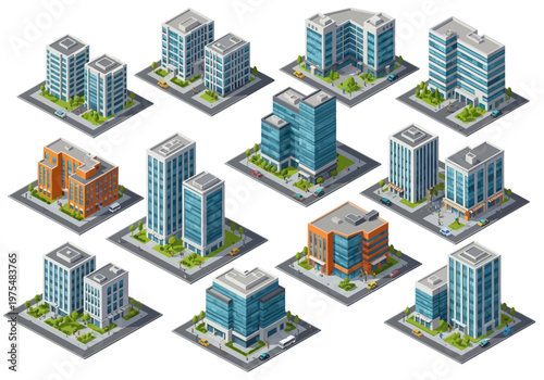 Collection of isometric modern office buildings and commercial real estate structures on city blocks