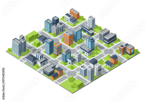 Isometric city buildings with streets and greenery, a vibrant urban landscape for design