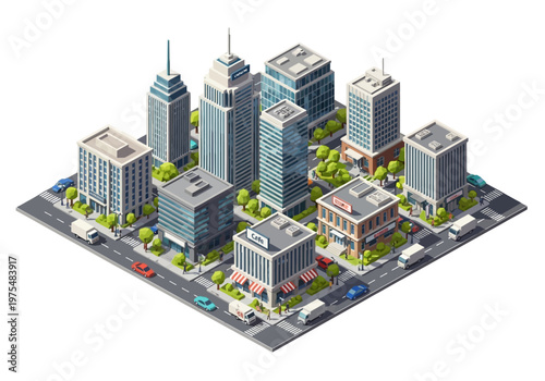 Isometric cityscape showcasing modern urban development with diverse architectural styles and bustling city life