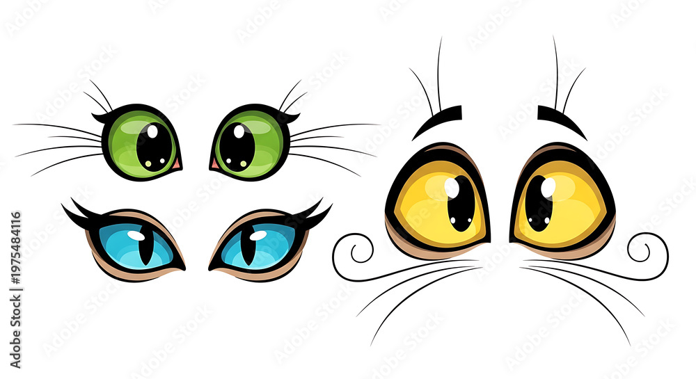Fototapeta premium A collection of colorful cat eyes with whiskers isolated on a white background