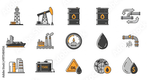 Oil Industry Icons - Diverse Set of Energy Production and Resources.