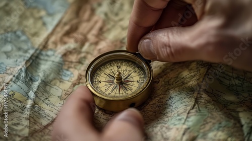 20.Focused shot of a compass being steadied by careful hands, intricate map markings beneath, subtle highlights on the metallic casing emphasizing clarity and purposeful guidance.