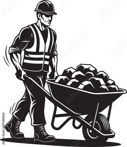 Construction worker pushing wheelbarrow with rocks, manual laborer in safety vest and hard hat, industrial masonry and landscaping vector illustration