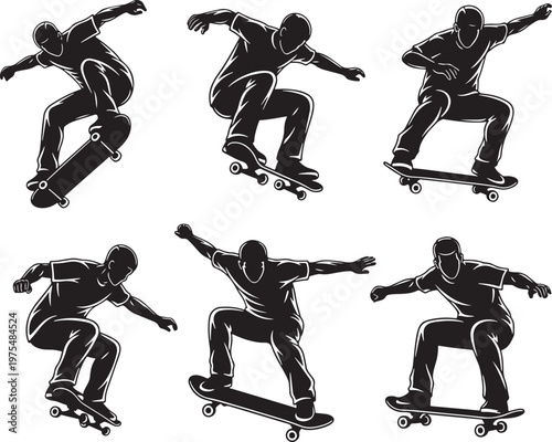 Skateboarder silhouettes set, black and white skating vector elements, 6 action poses of skaters performing tricks and jumps for street culture design