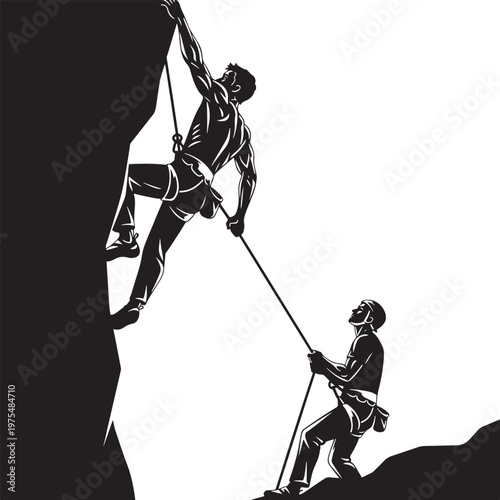 Rock climbing silhouette vector, mountain climbers with safety rope on cliff, extreme outdoor sports teamwork, black and white mountaineering illustration