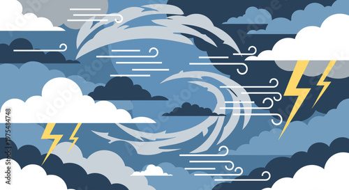 A dynamic illustration of a stormy sky with a bright lightning bolt. Suitable for conveying power, change, or a sense of urgency in marketing or websi