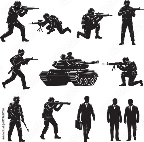 Military soldier silhouettes and army tank vector set, black tactical infantry figures with rifles, armed combat personnel and security agents