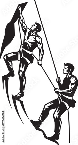 Rock climbing vector illustration, male mountain climbers with ropes and harnesses, extreme outdoor sports and bouldering activity silhouette