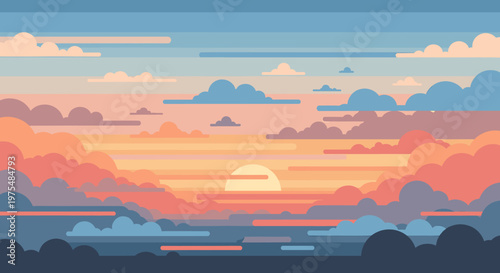 Calm and serene illustration of a sunset over a horizon. Perfect for website backgrounds, social media graphics, or conveying feelings of peace and tr