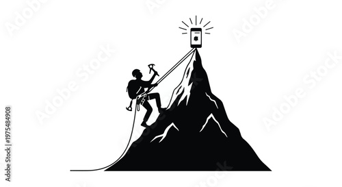 climbing mountain with smartphone on top success concept