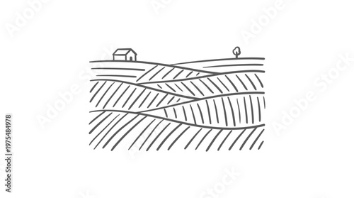 Simple Hand-Drawn Landscape with Farmhouse and Rolling Fields