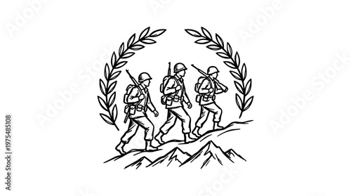 Soldiers Marching Through Mountainous Terrain within Laurel Wreath