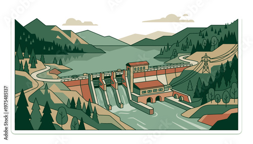 Illustration of a hydroelectric dam in a mountainous landscape with a lake.