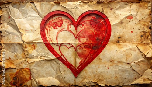Crimson heart design on aged paper, textured with floral patterns