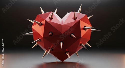 Geometric Red Heart With Metal Spikes Dark Background Dramatic Lighting