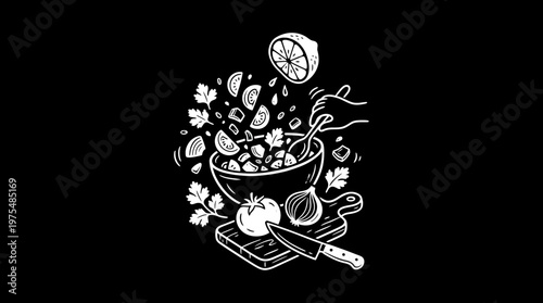 Healthy Salad Preparation in Black and White