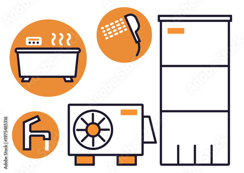 シンプルで主線ありの給湯機とお風呂とシャワーと蛇口のアイコンイラスト素材