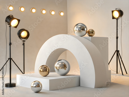 A set of lights and balls on a white platform