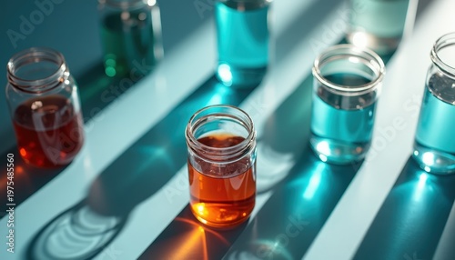 Six glass jars containing colorful liquids red and blue hues arranged on a light blue surface with dramatic diagonal